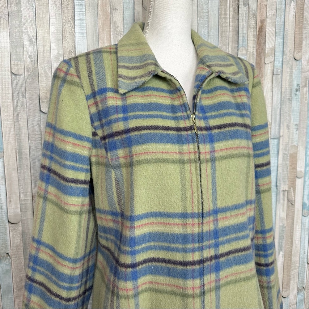 Vintage 90s L XL 16 Lime Green Plaid Print Zip Front Jacket Coat‎ Wool & Mohair